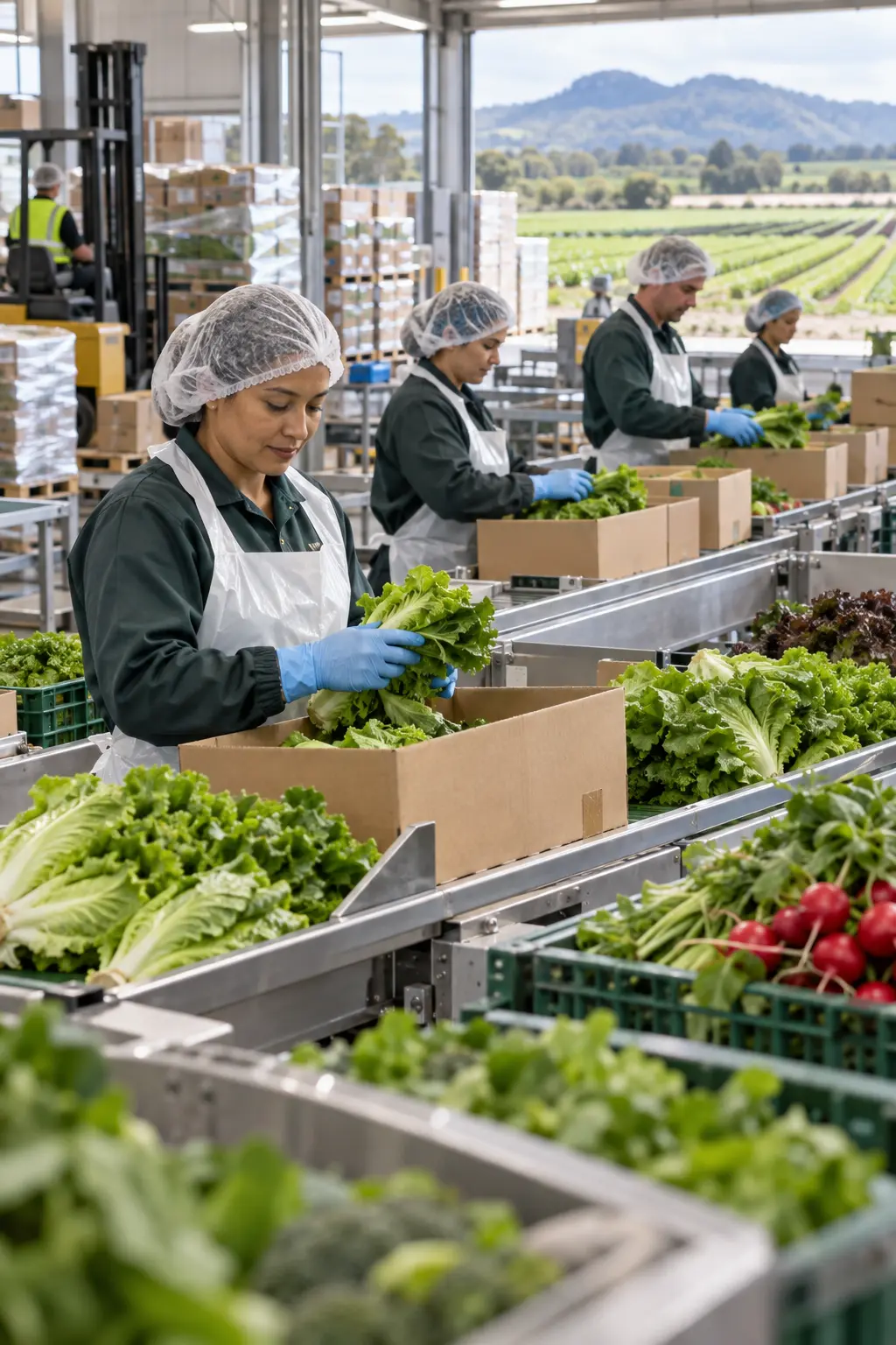 Fresh vegetables being packed in a modern produce and food production facility