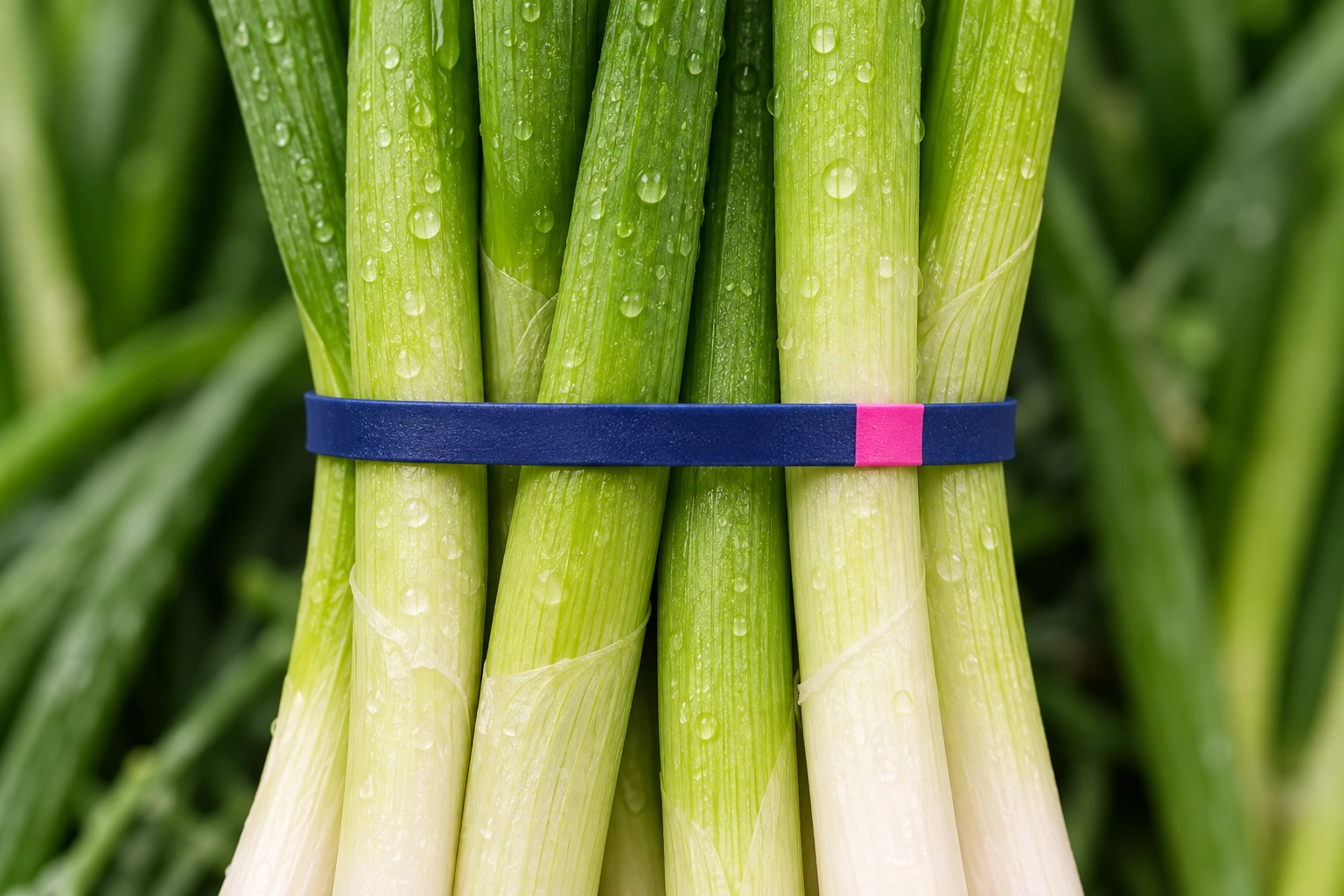 Close-up focused on a flat navy blue and pink produce band around spring onions