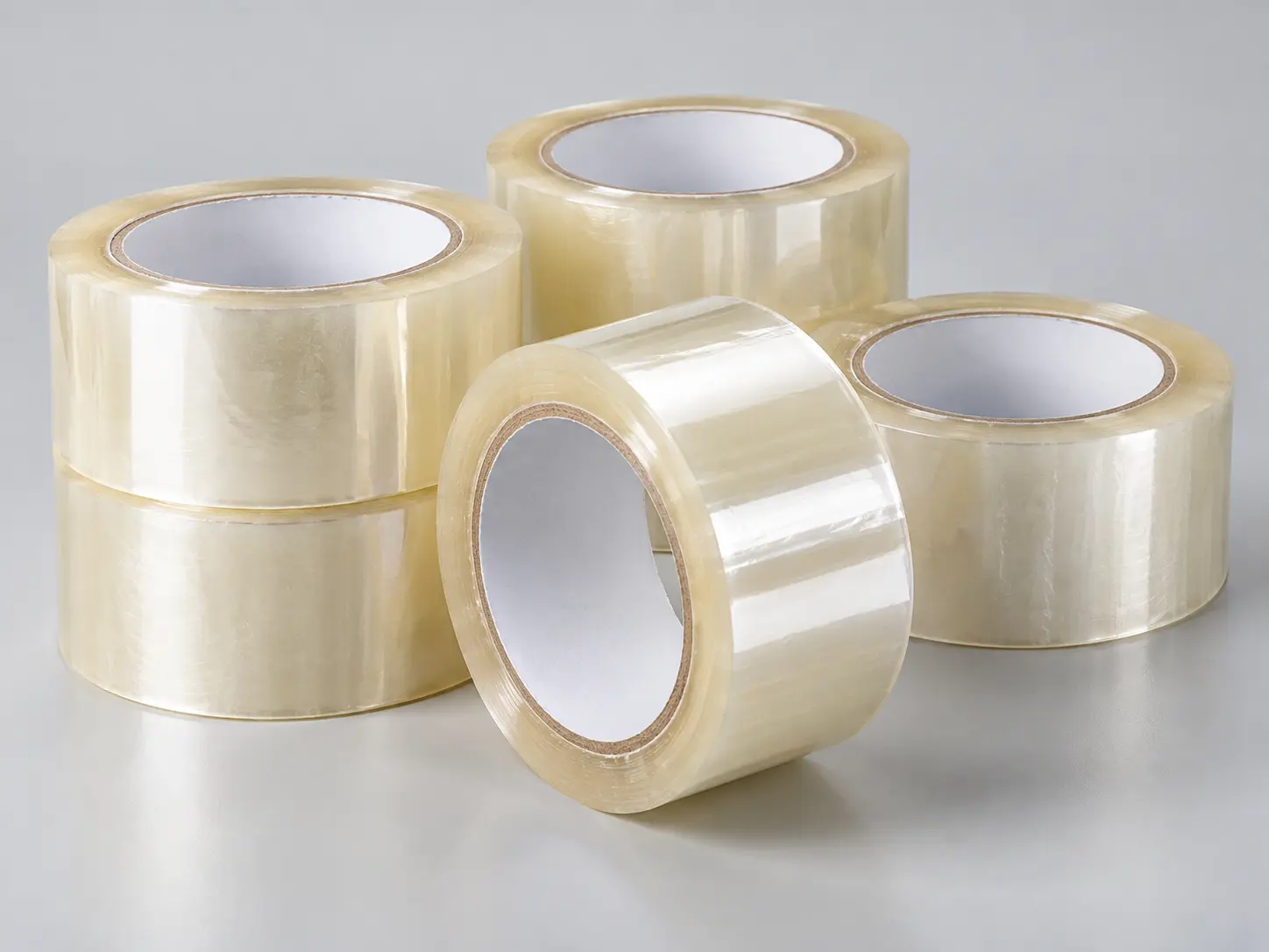 Clear carton-sealing tape rolls in a studio arrangement