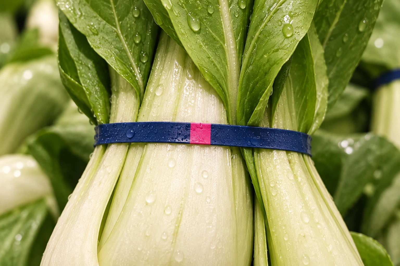 Close-up focused on a flat navy blue and pink produce band around bok choy