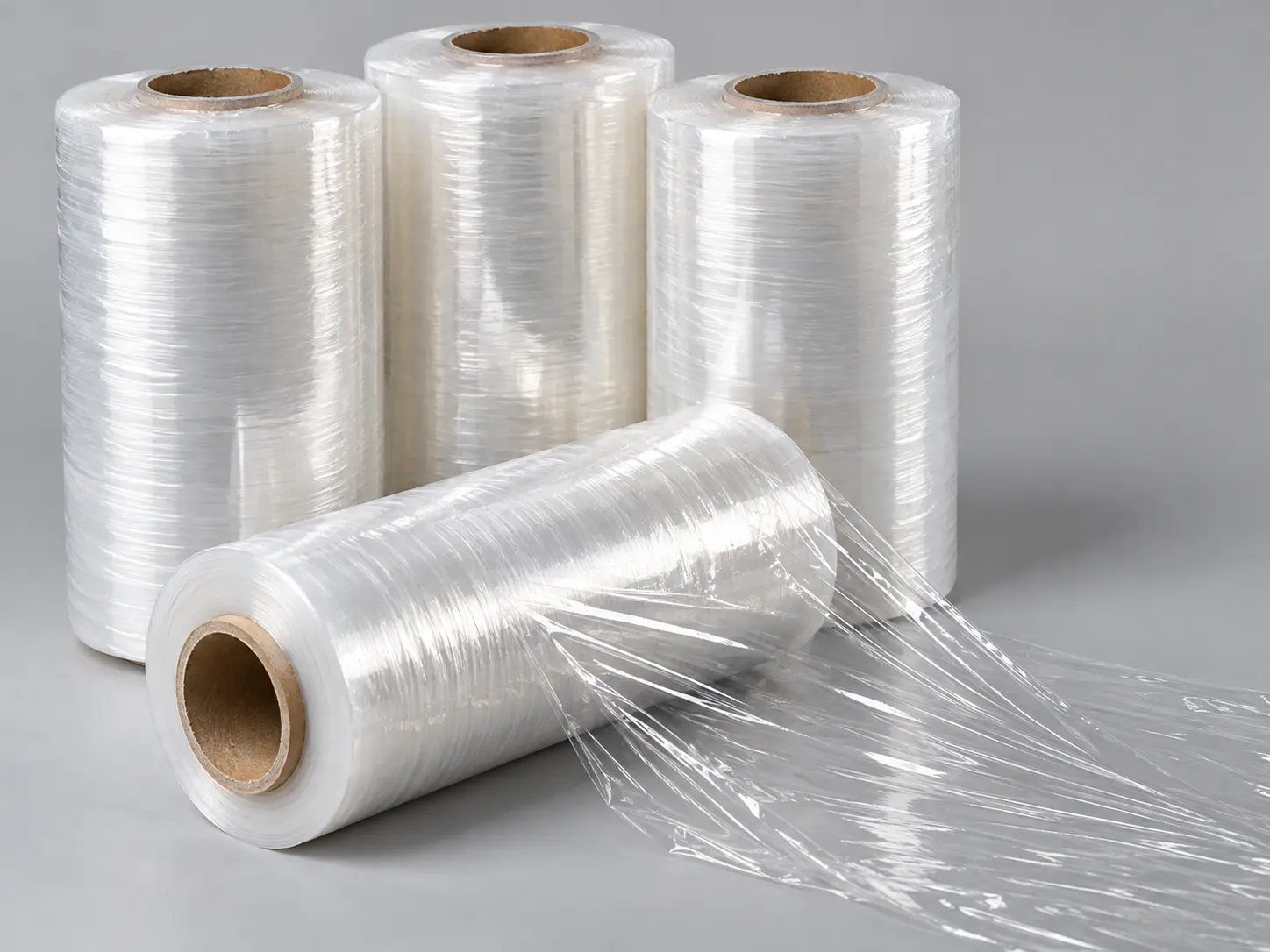 Clear hand stretch film rolls in a studio arrangement