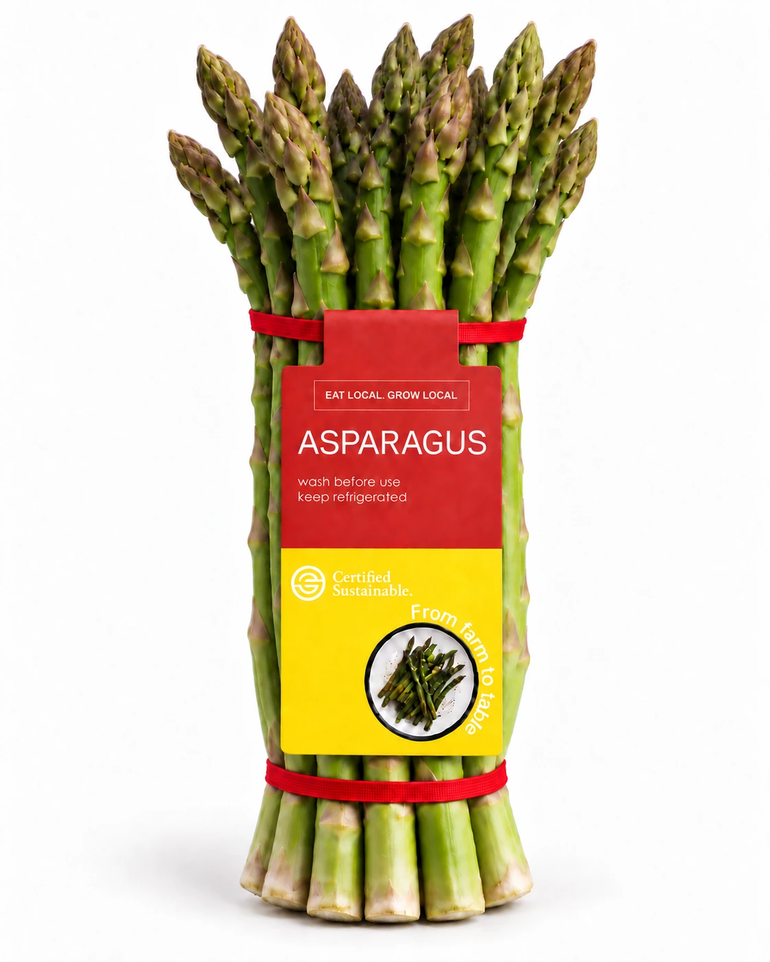 Asparagus bunch with a front-facing Tag Band and a matching red band below the unobstructed tag