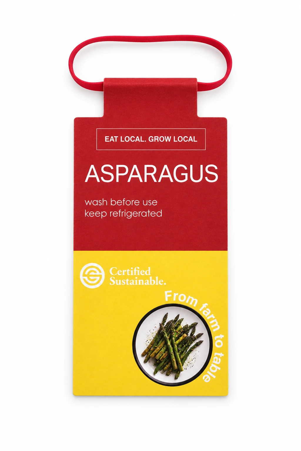 Pre-assembled Tag Band with a red band attached to a printed asparagus paper tag